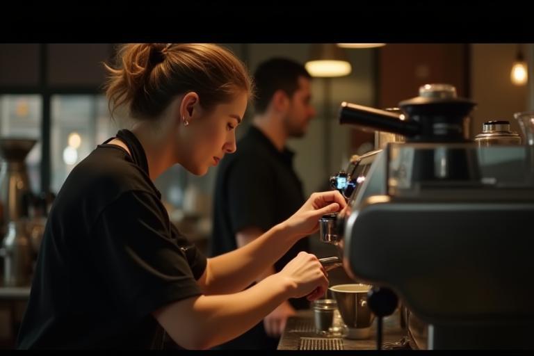Barista pouring milk for a latte behind the counter